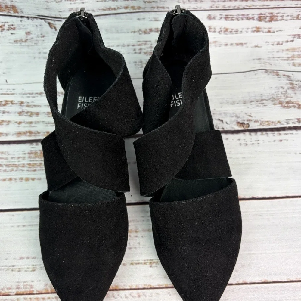 Eileen Fisher Black Suede Vera Pump Wrap Ankle Strap & Zipper Heel Size 5